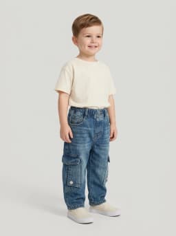 Boys Mid-Blue Washed Denim Cargo Jeans