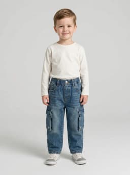 Boys Mid-Blue Washed Denim Cargo Jeans