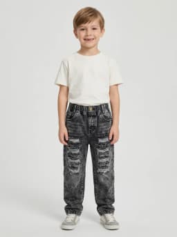 Boys Washed Black Distressed Denim Jeans with Elastic Waist