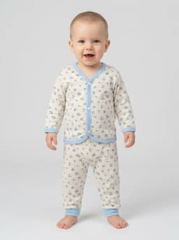 Baby Floral Print Full Sleeve Front-Open Top and Pyjama Set in Off-White and Light Blue