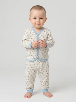 Baby Floral Print Full Sleeve Front-Open Top and Pyjama Set in Off-White and Light Blue