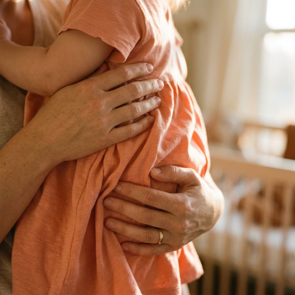 Parent holding child in soft coral cotton clothing, warm natural light