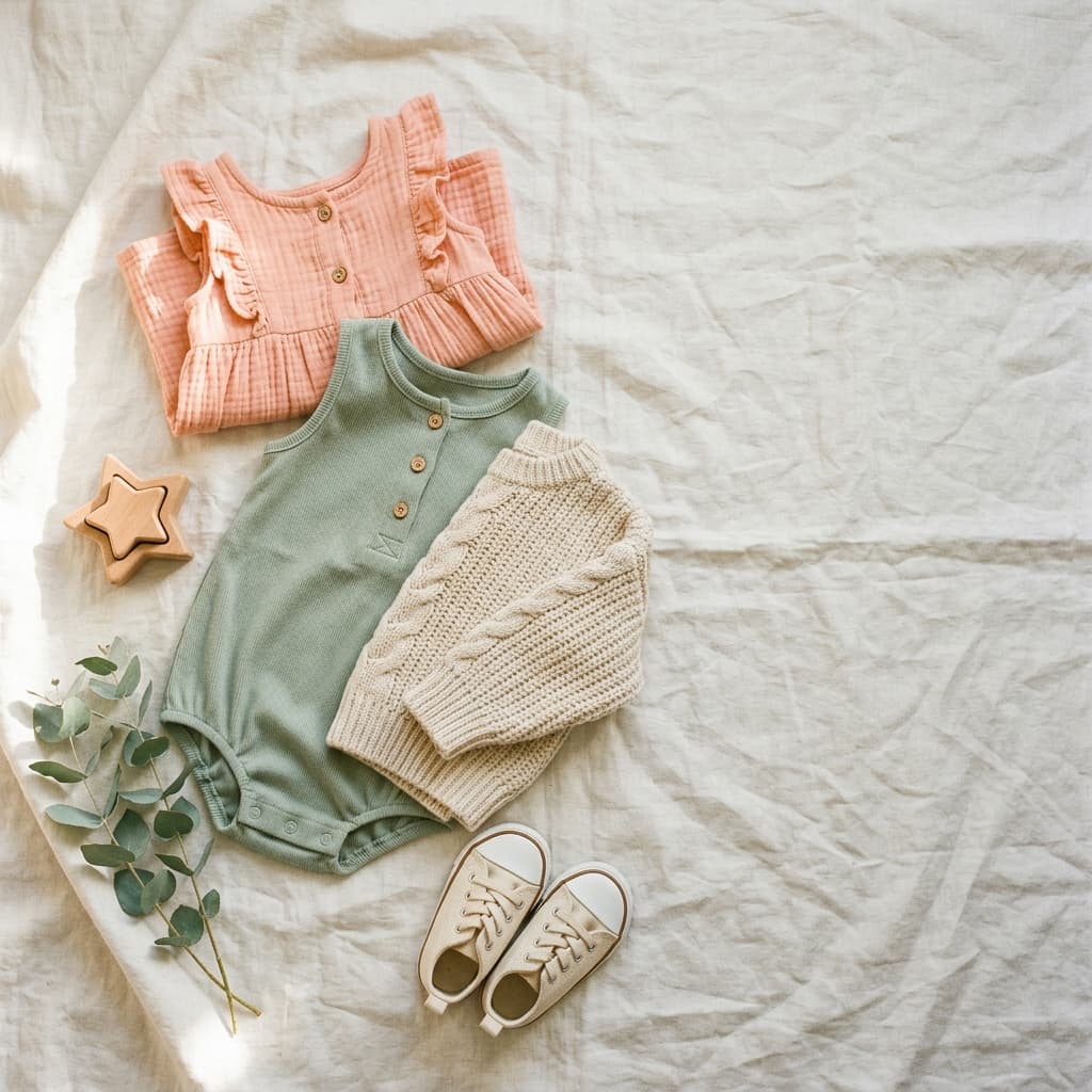 Premium children's clothing flat lay - coral dress, sage romper, cream knit sweater, and canvas sneakers arranged on natural linen