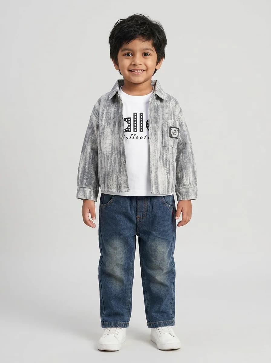 Boys Grey Acid Wash Shirt Jacket, White Graphic T-Shirt and Dark Blue Denim Jeans 3-Piece Set