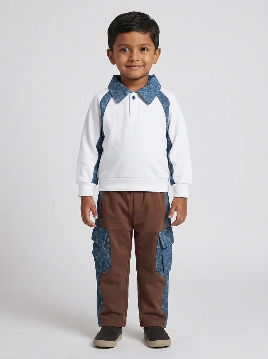 Boys White Polo Sweatshirt and Brown Cargo Pants Two-Piece Set