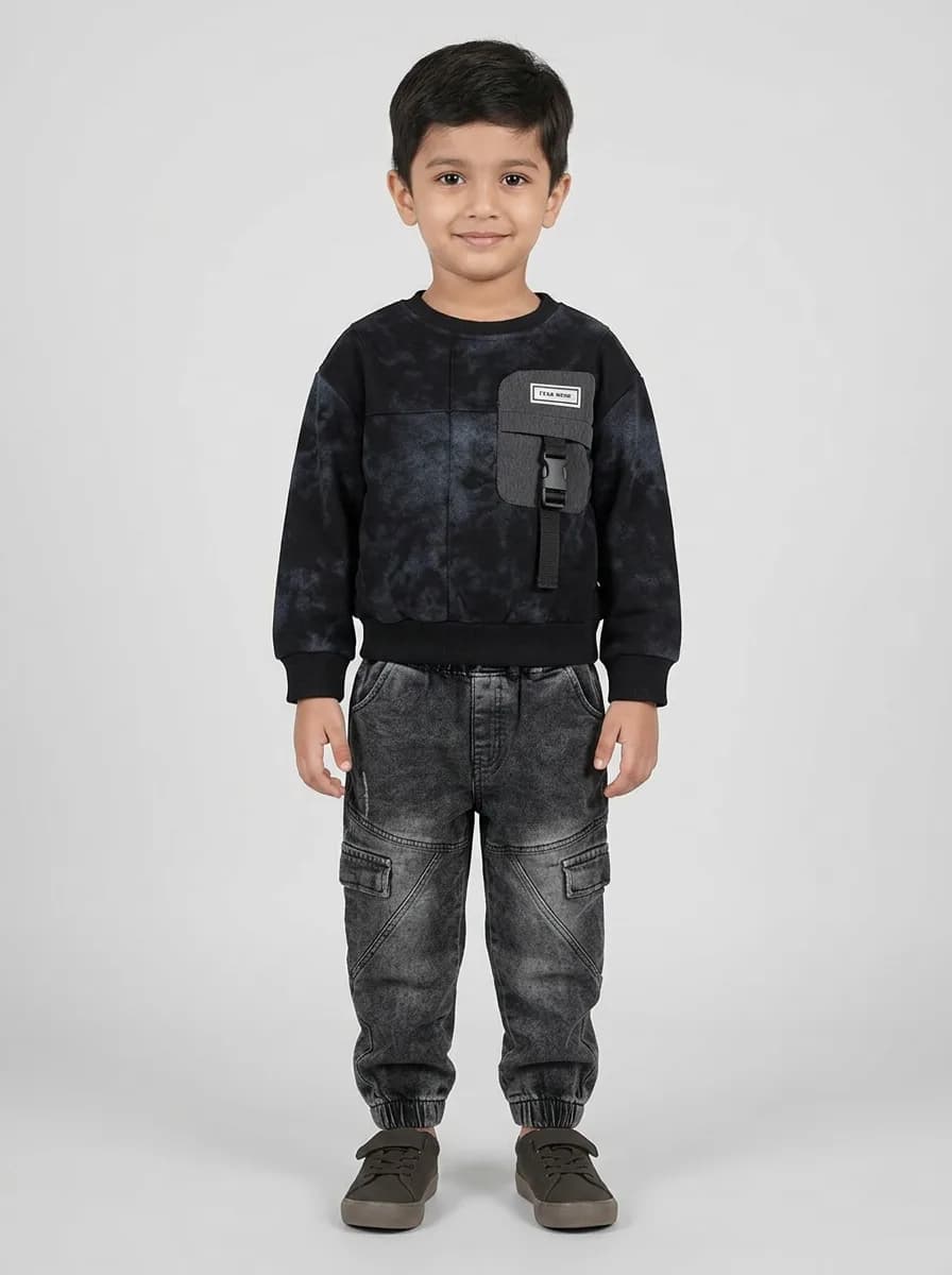 Boys Black Acid Wash Sweatshirt and Washed Black Denim Cargo Joggers Set