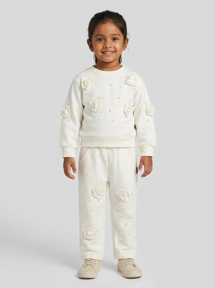 Girls Off-White Sweatshirt and Trousers Set with 3D Rosettes and Pearl Embellishments