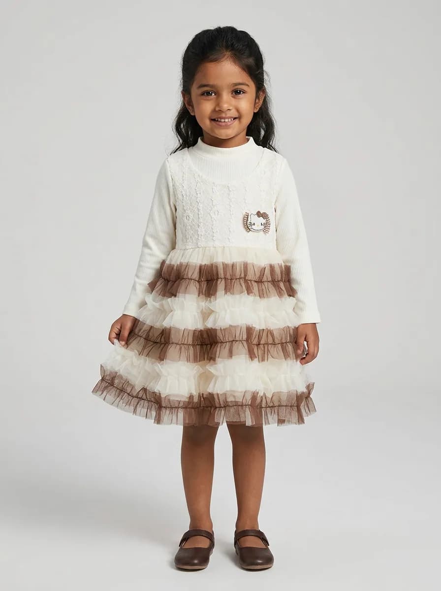 Girls Off-White and Brown Ruffled Tulle Dress with Lace Bodice and Kitty Patch
