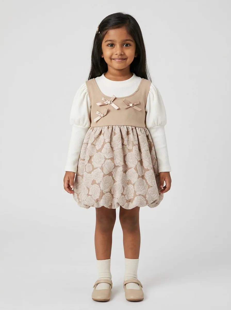 Girls Off-White and Beige Floral Jacquard 2-in-1 Bubble Dress with Bows
