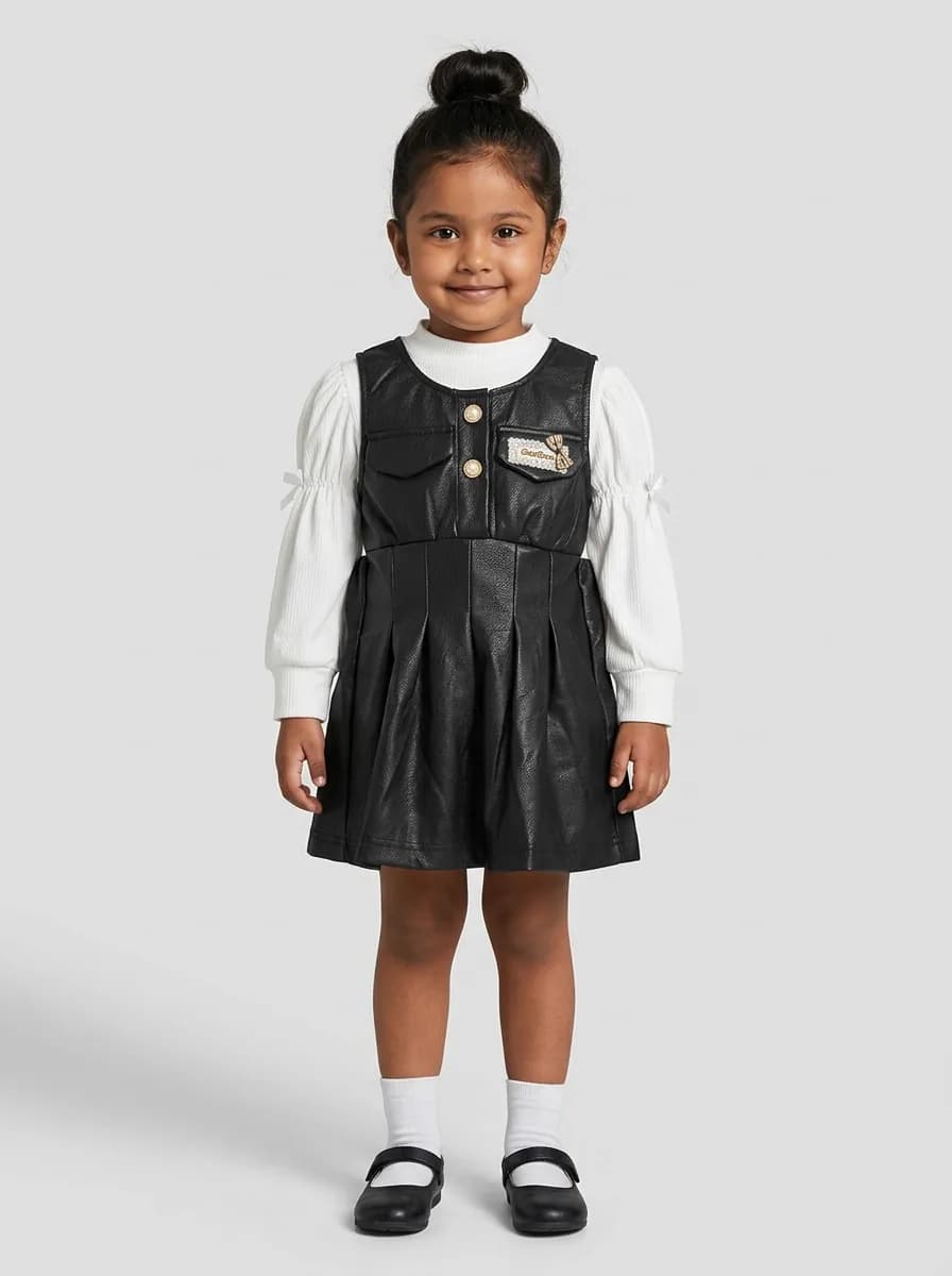 Girls White Ribbed and Black Faux Leather Pinafore Dress