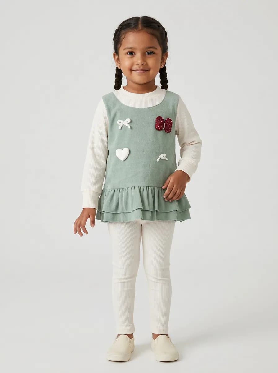 Girls Sage Green and Off-White Ribbed Top with Bow and Heart Appliques