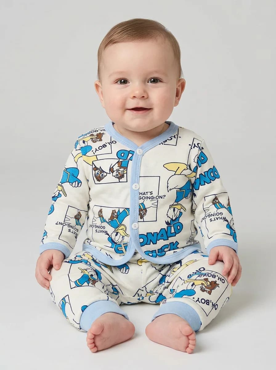 Baby Off-White Donald Duck Comic Print Front-Button Top and Pajama Set