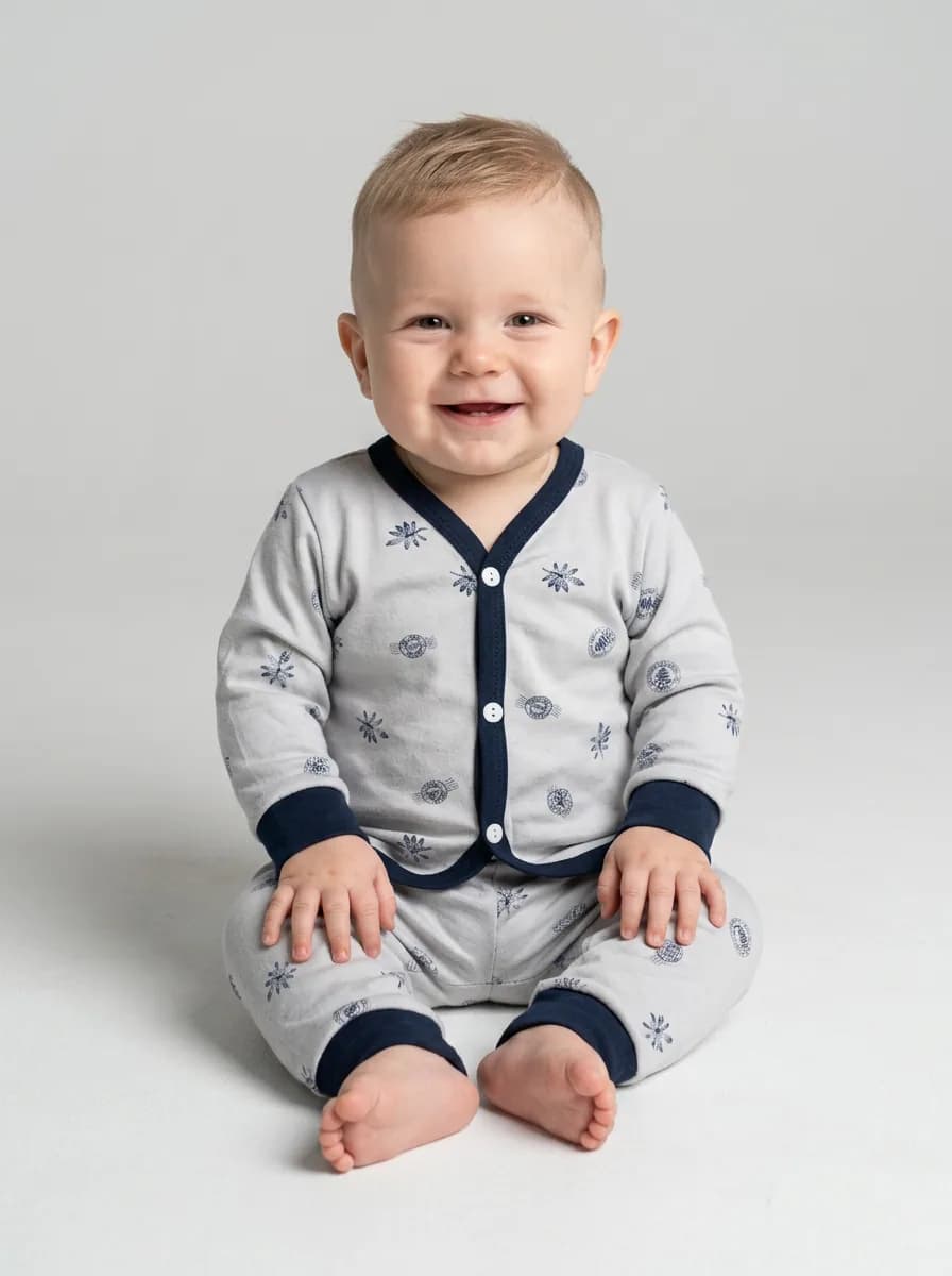 Light Grey and Navy Blue Printed Baby Cardigan Top and Pajama Set