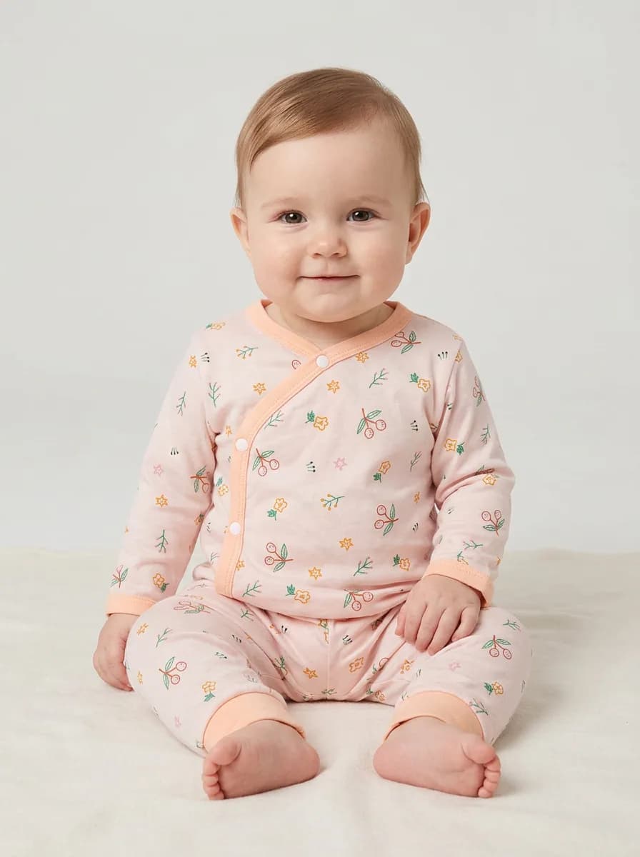 Baby Pale Pink Cherry and Floral Print Full Sleeve Top and Pajama Set