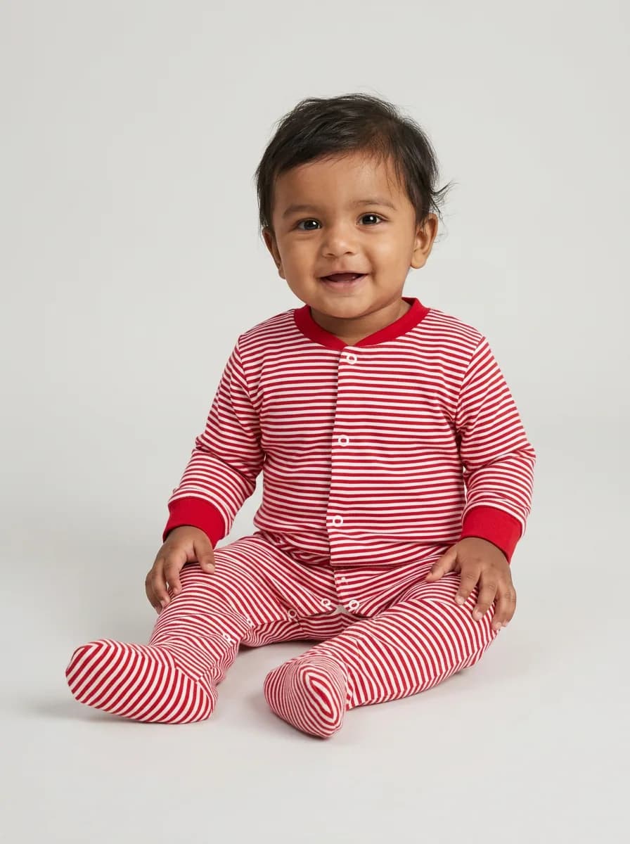 Baby Red and White Striped Long Sleeve Footed Sleepsuit