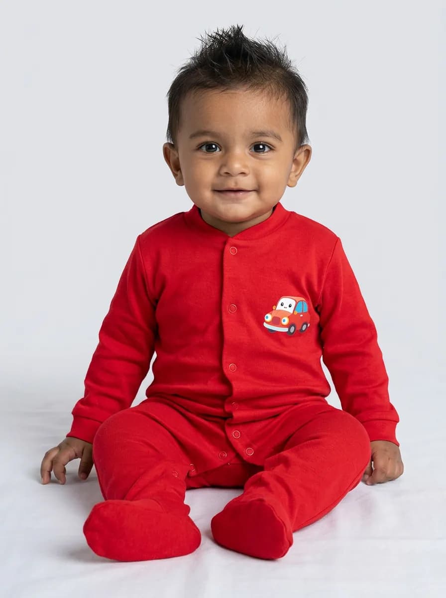 Baby Red Long Sleeve Footed Sleepsuit with Cartoon Car Graphic