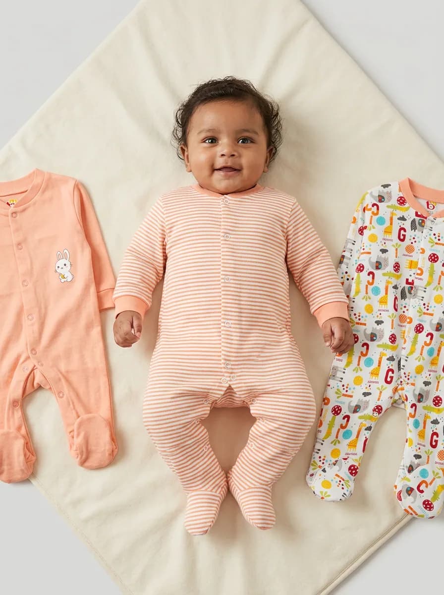 Baby Peach and White Footed Sleepsuits Pack of 3