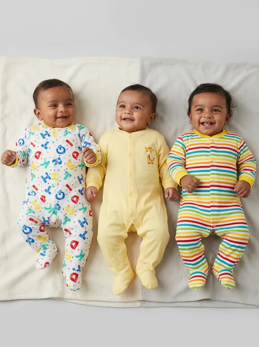 Unisex Baby Pack of 3 Long Sleeve Footed Sleepsuits