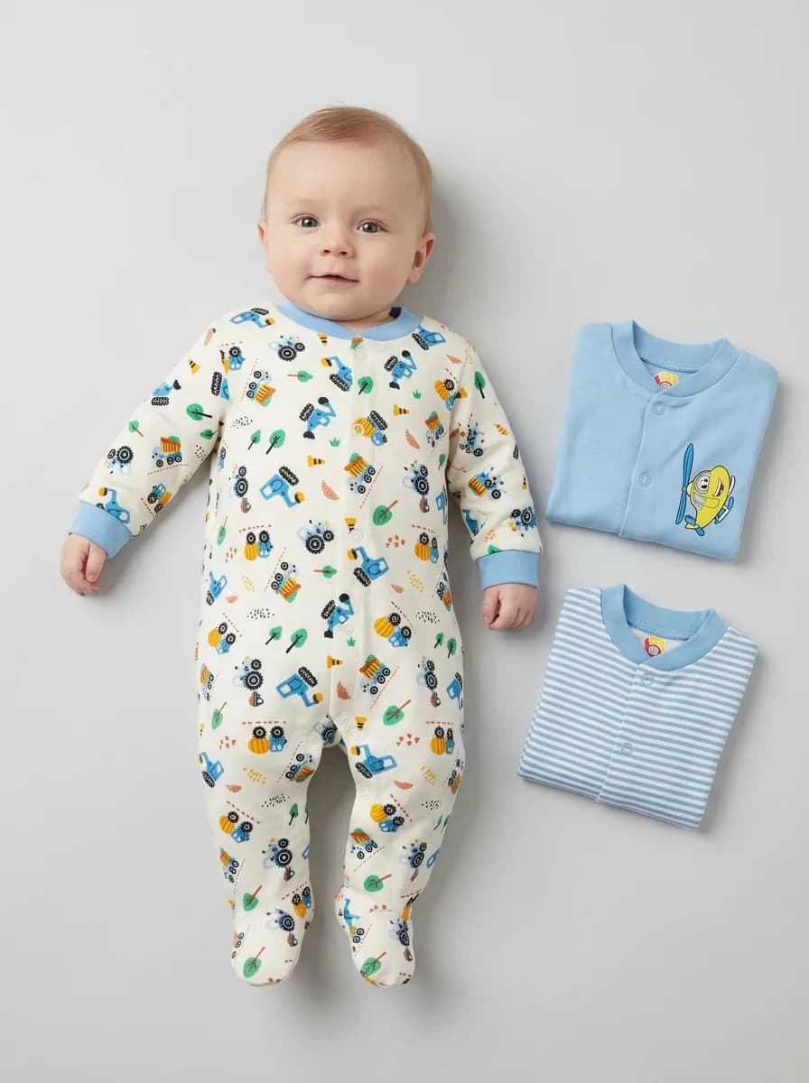 Baby Boys Pack of 3 Blue and White Footed Sleepsuits