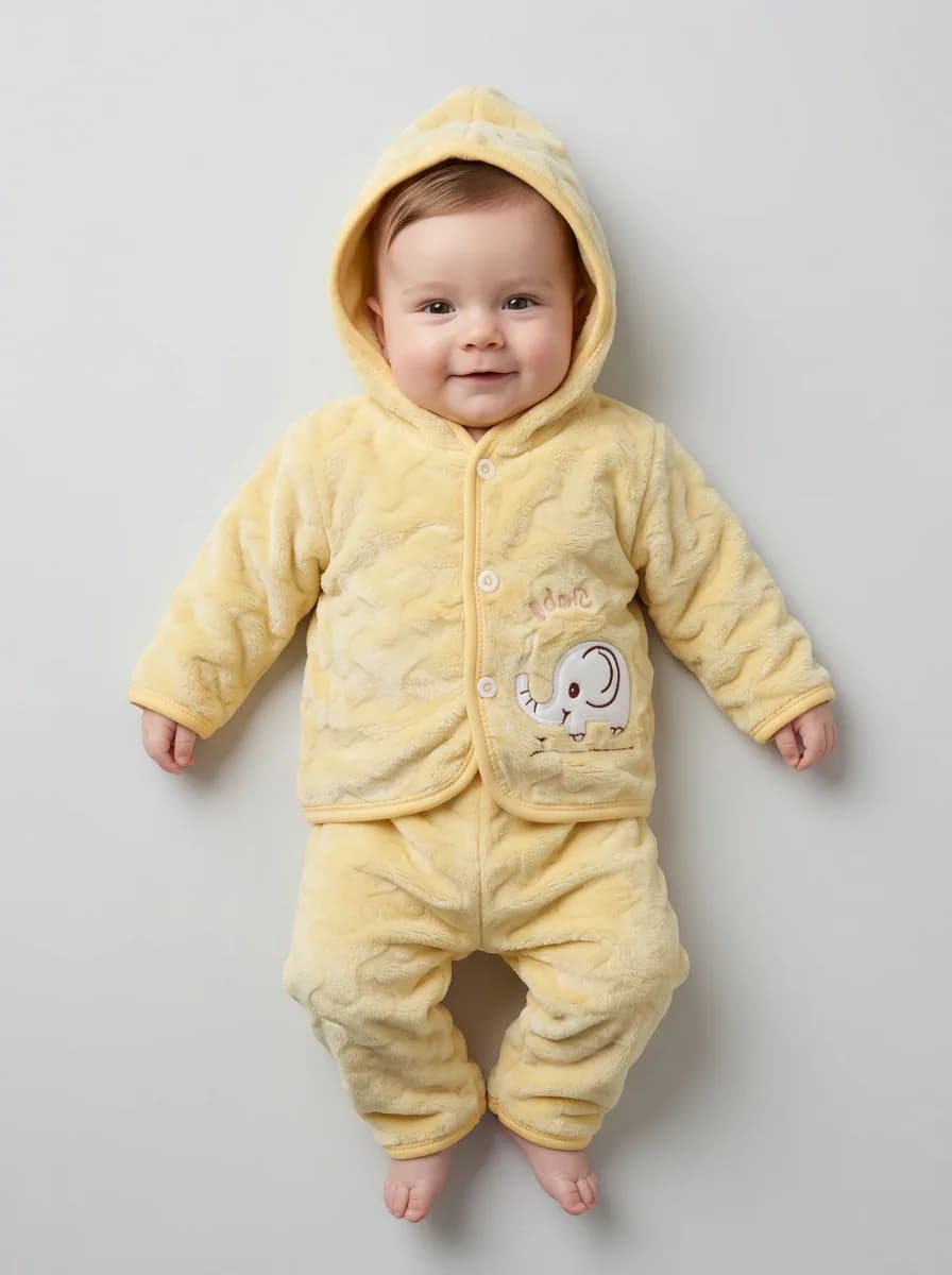 Baby Light Yellow Hooded Fleece Jacket and Pyjamas Set with Elephant Applique