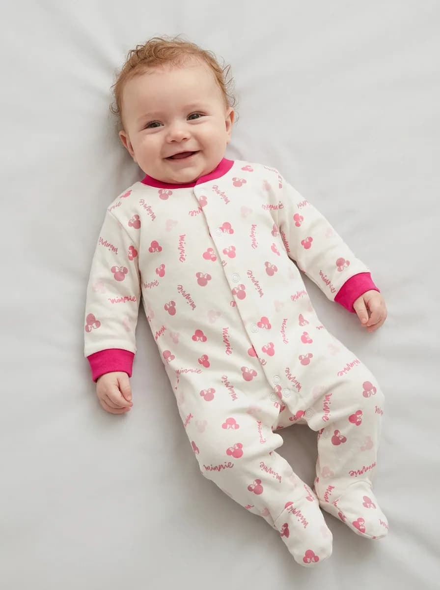 Baby Girls Pack of 3 Fuchsia Pink and White Printed Footed Sleepsuits