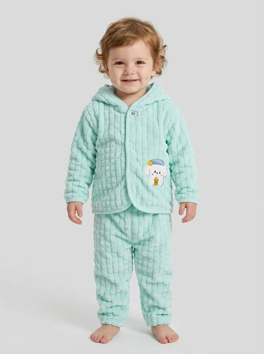 Baby Mint Green Textured Fleece Hooded Jacket and Pyjama Set