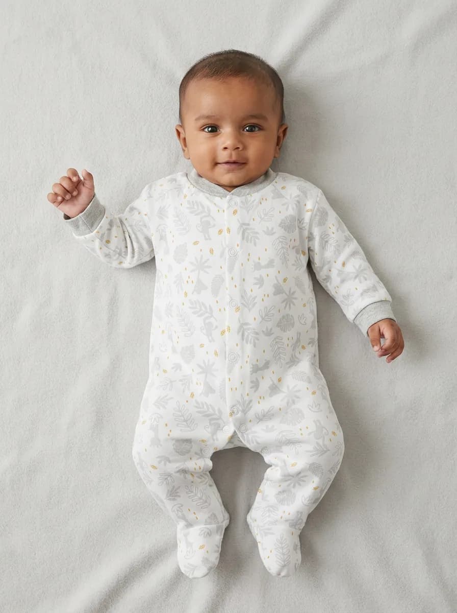 Baby Pack of 3 Grey and White Printed Footed Sleepsuits