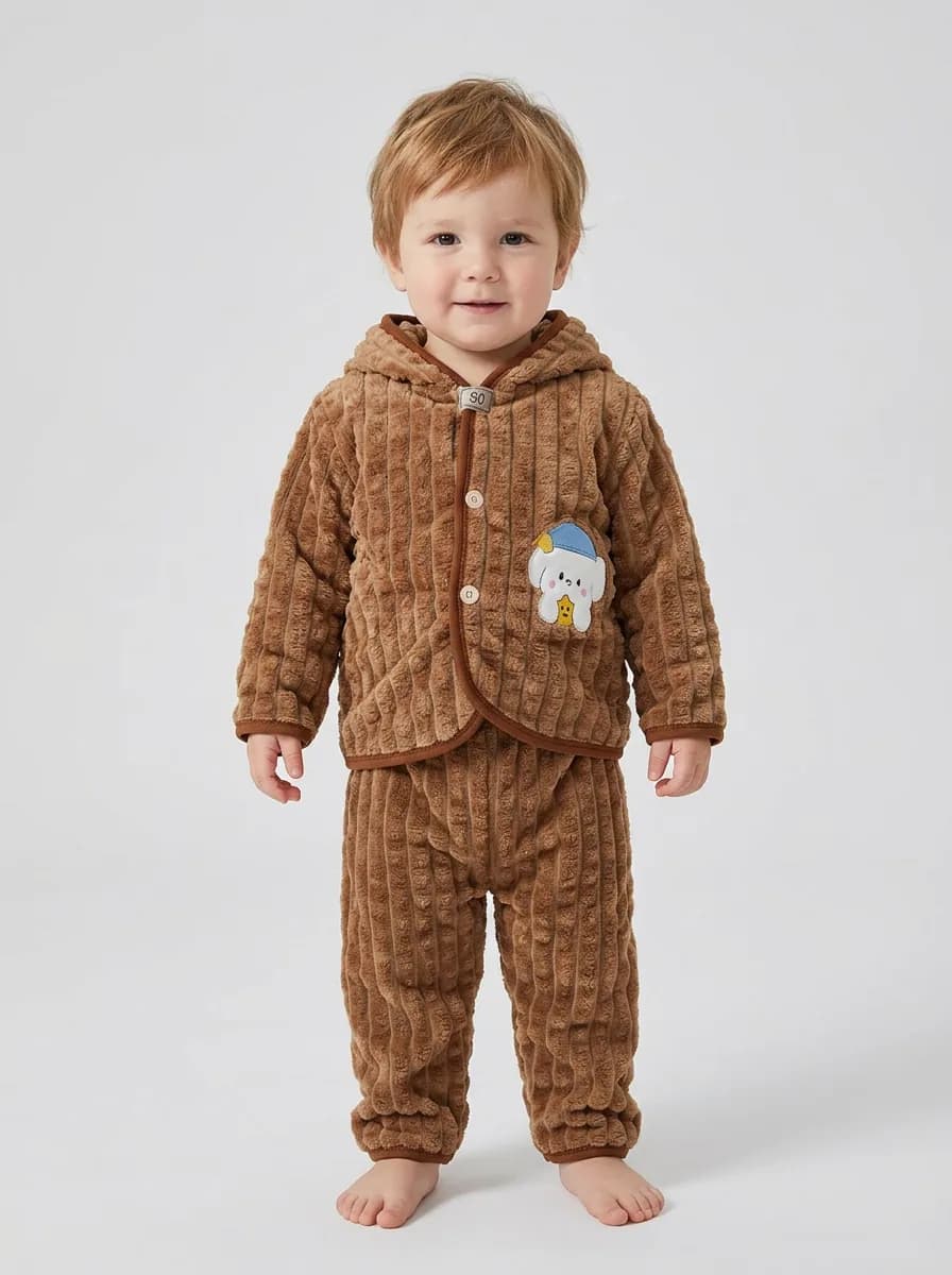 Baby Boys and Girls Camel Brown Plush Fleece Hooded Jacket and Pyjama Set