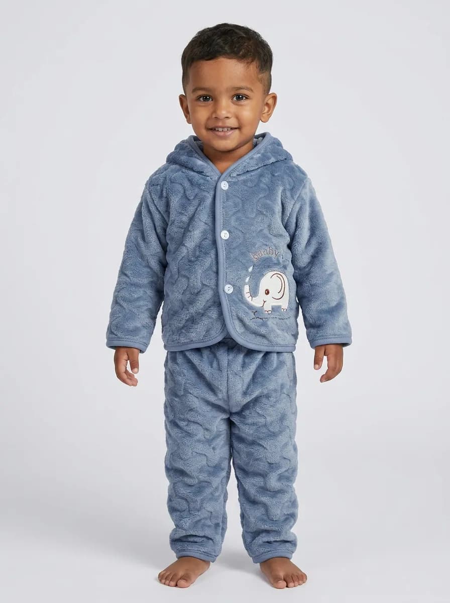 Baby Slate Blue Plush Fleece Hooded Jacket and Pyjama Set