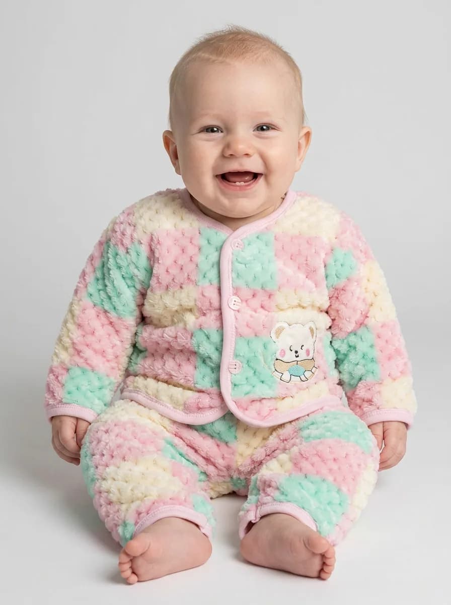 Infant Pastel Checkered Plush Fleece Top and Pyjama Set