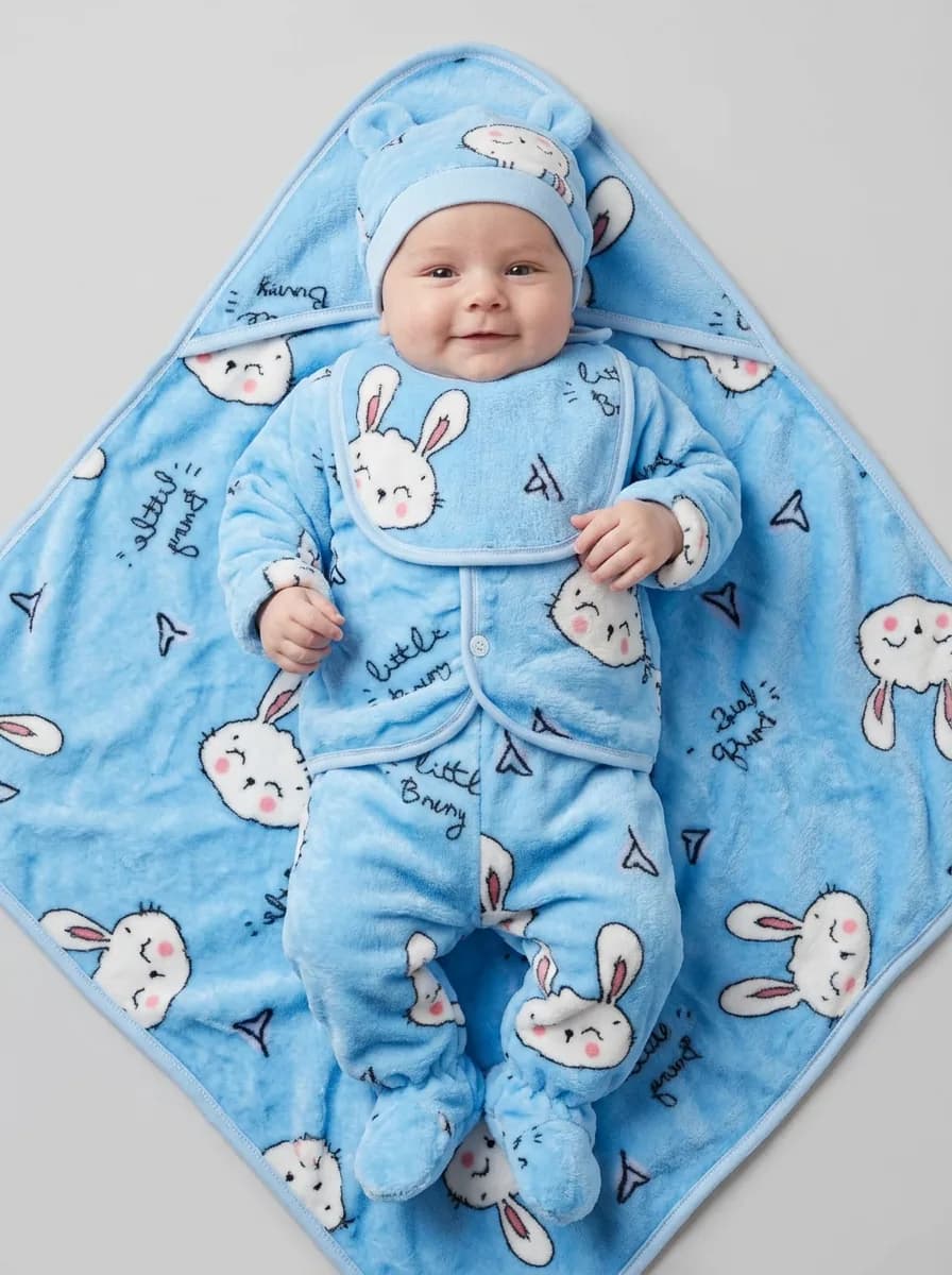 Baby Boys and Girls Sky Blue Bunny Print Fleece 6-Piece Clothing and Blanket Set