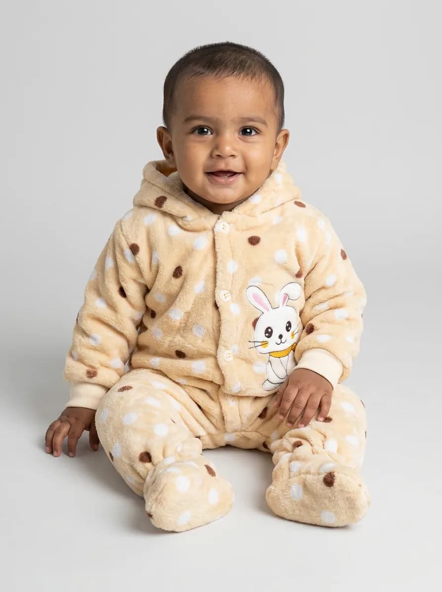 Baby Beige Polka Dot Fleece Hooded Footed Romper with Bunny Patch