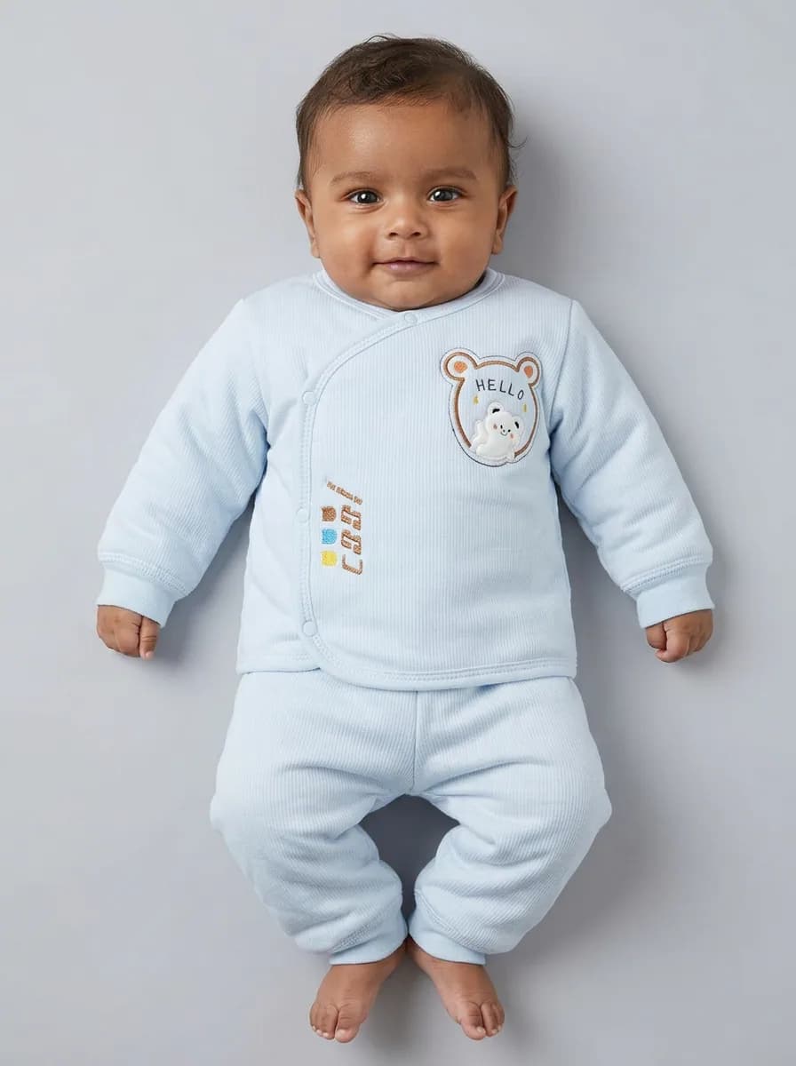 Baby Light Blue Embroidered Thermal Top and Pajama Set