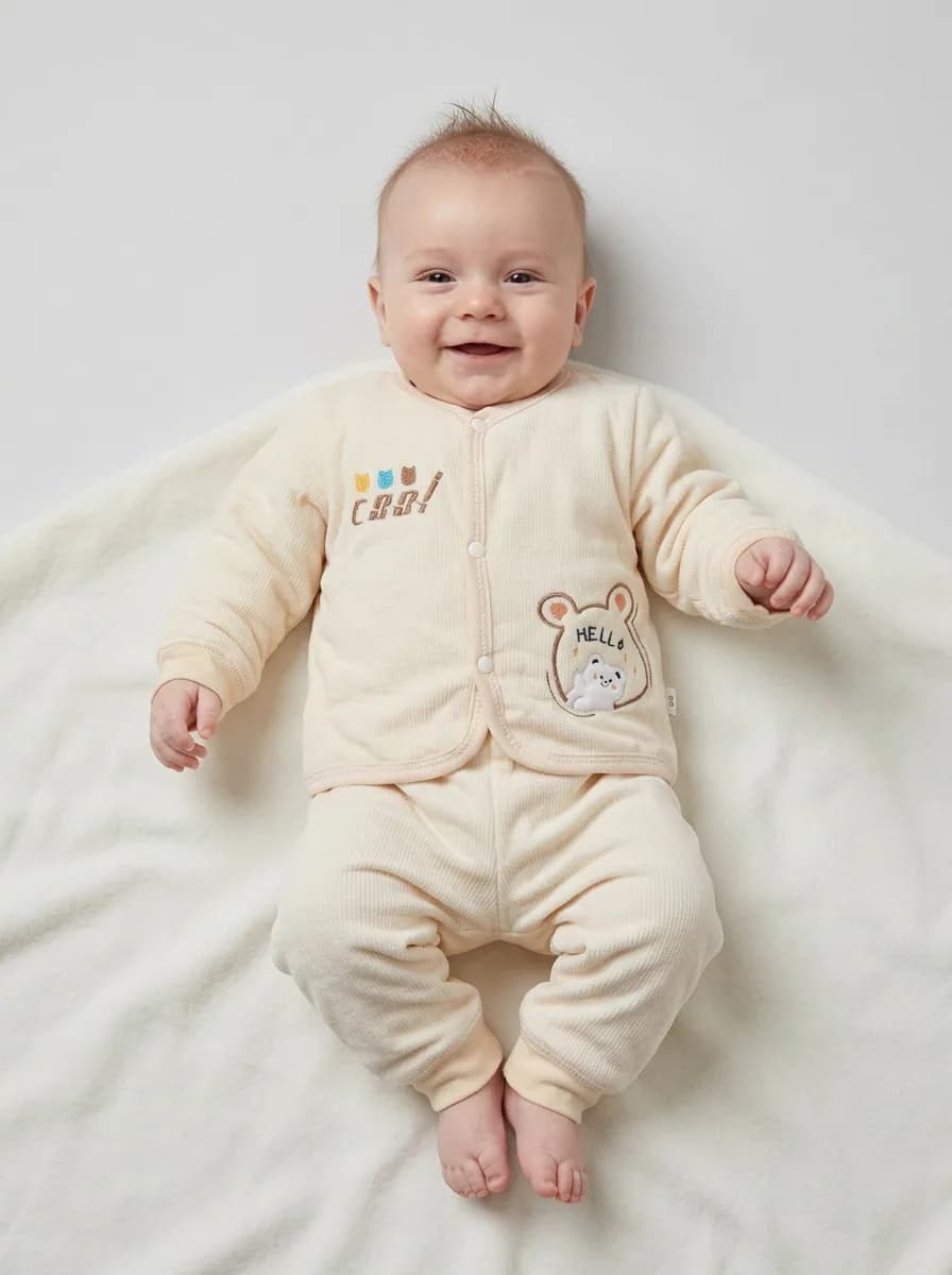 Unisex Baby Cream Ribbed Front-Snap Top and Pyjama Set