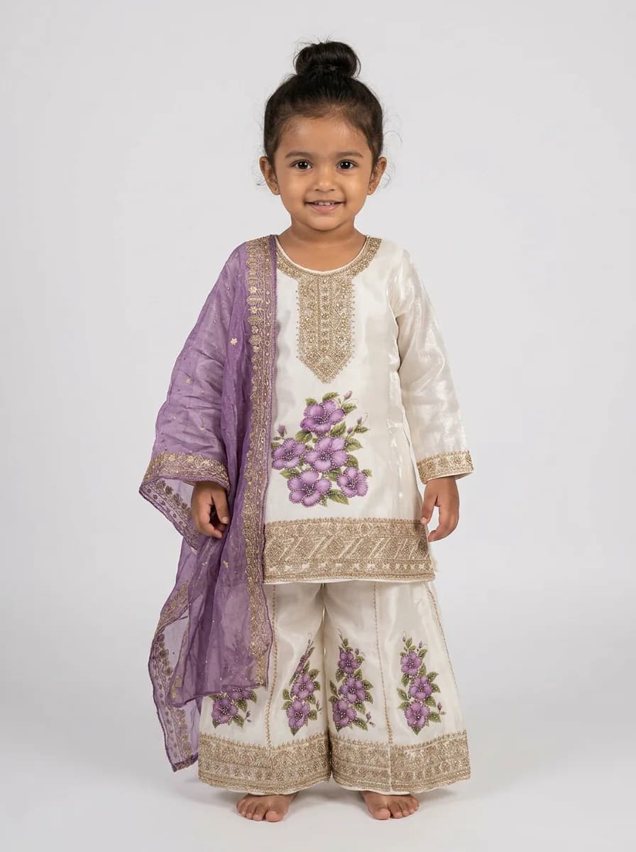 Girls Off-White Floral Kurta Sharara Set With Purple Dupatta