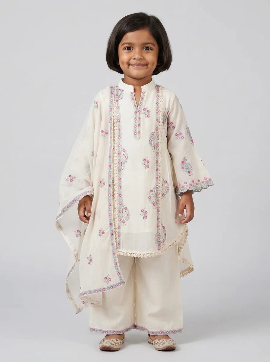 Girls Off-White Embroidered High-Low Kurti with Palazzo and Dupatta Set