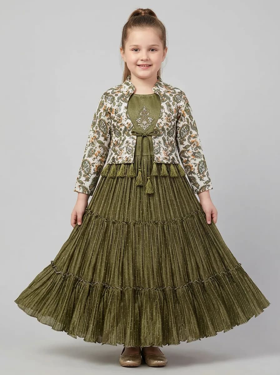 Girls Olive Green Tiered Pleated Gown with Paisley Printed Shrug Set