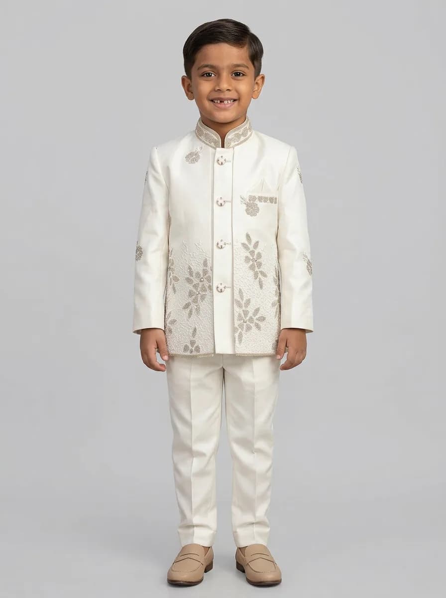 Boys Off-White Embroidered Indo-Western Sherwani and Trousers Set