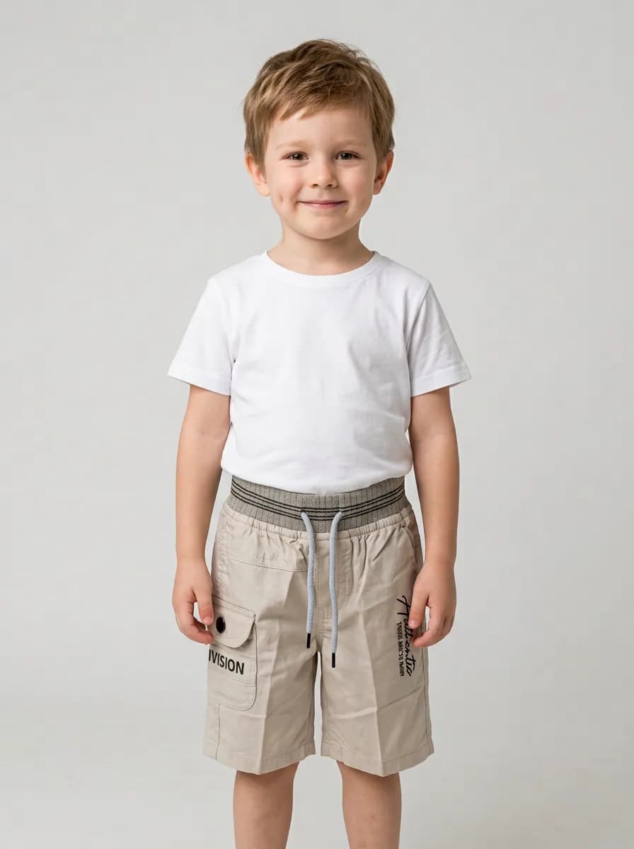 Boys Light Beige Cargo Shorts with Striped Ribbed Waistband