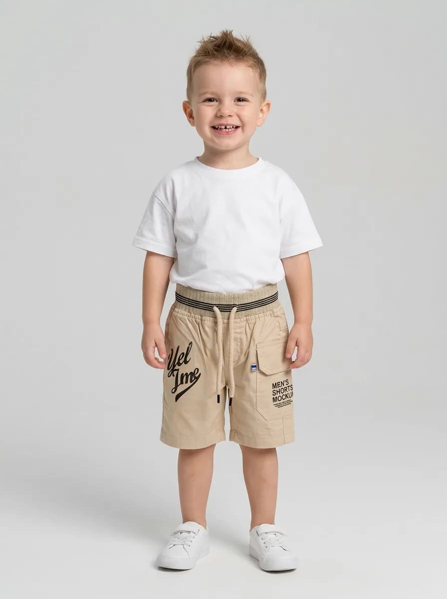 Boys Beige Printed Cargo Shorts with Striped Ribbed Waistband