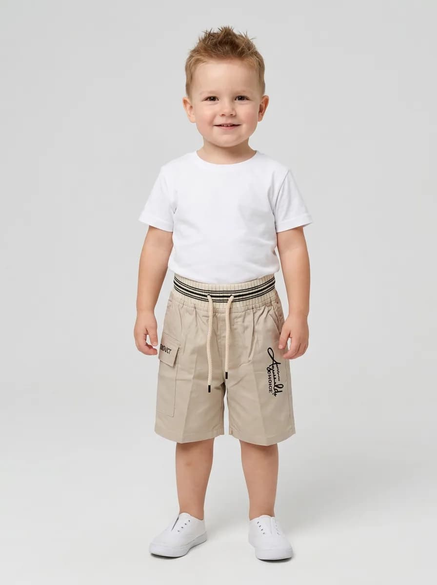 Boys Beige Drawstring Cargo Shorts with Striped Waistband
