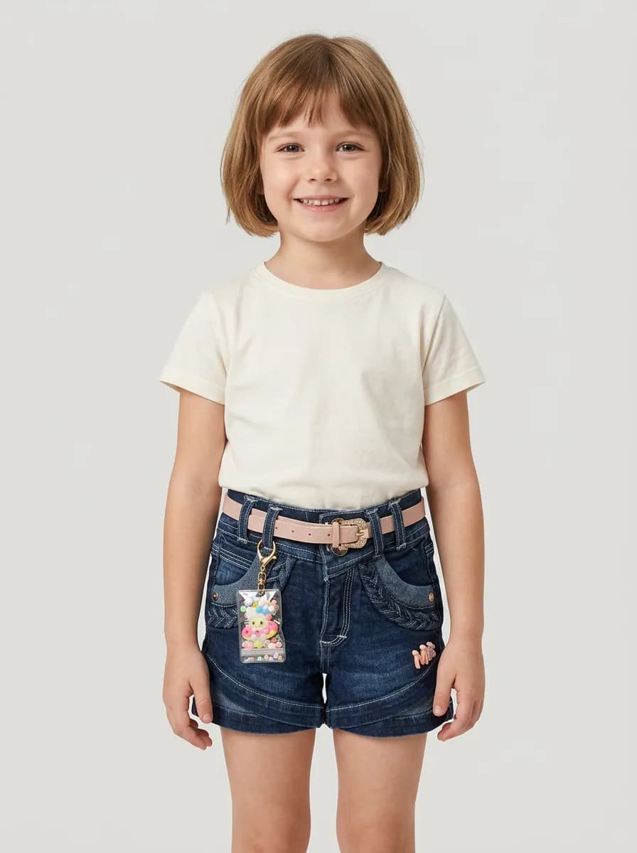 Girls Dark Blue Washed Denim Shorts with Blush Pink Belt