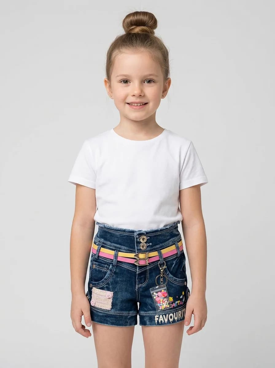 Girls Dark Blue Washed Denim Shorts with Dual Pink and Yellow Belt