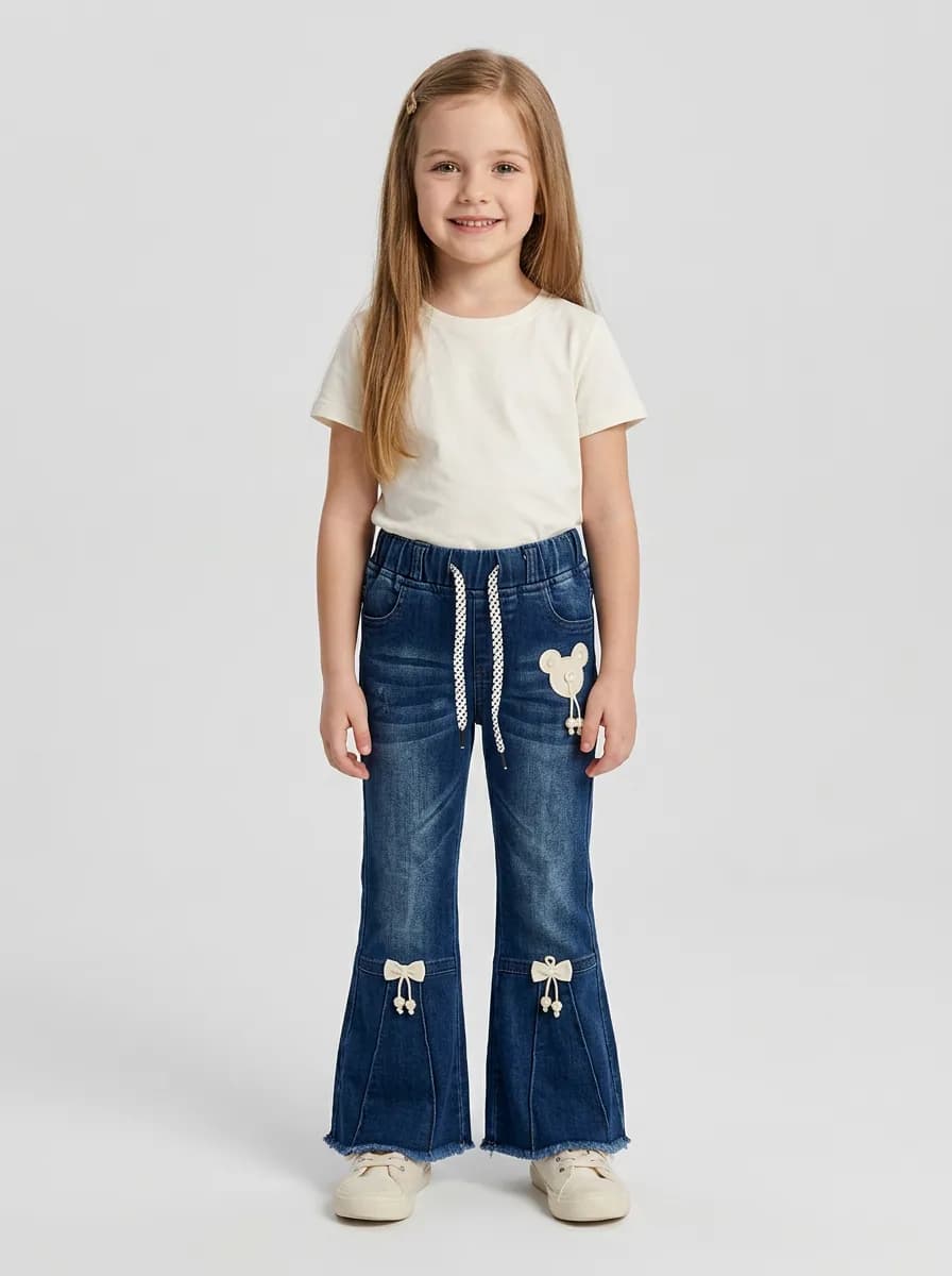 Girls Dark Blue Washed Denim Flared Jeans with Bow Accents