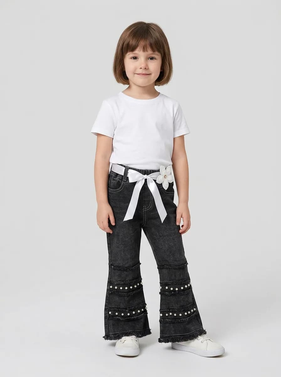 Girls Washed Black Pearl Embellished Flared Denim Jeans