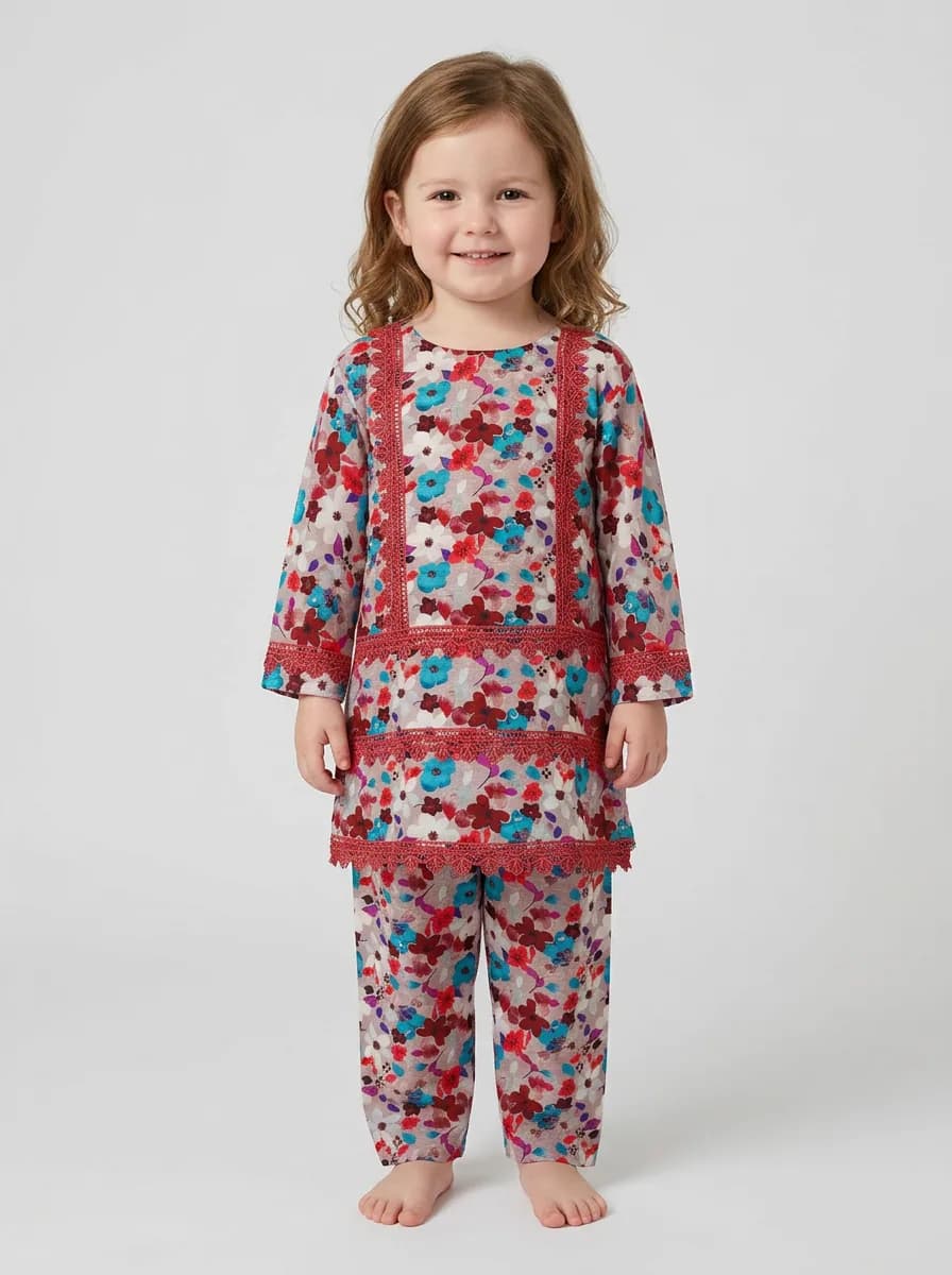 Girls Floral Print Kurti and Trouser Co-ord Set with Lace Trim