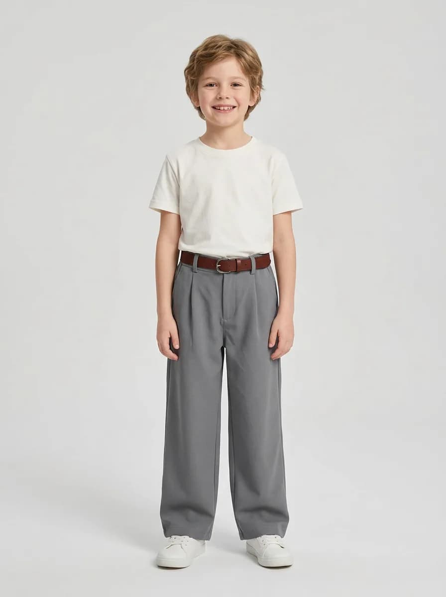 Kids Grey Wide-Leg Pleated Trousers with Brown Belt