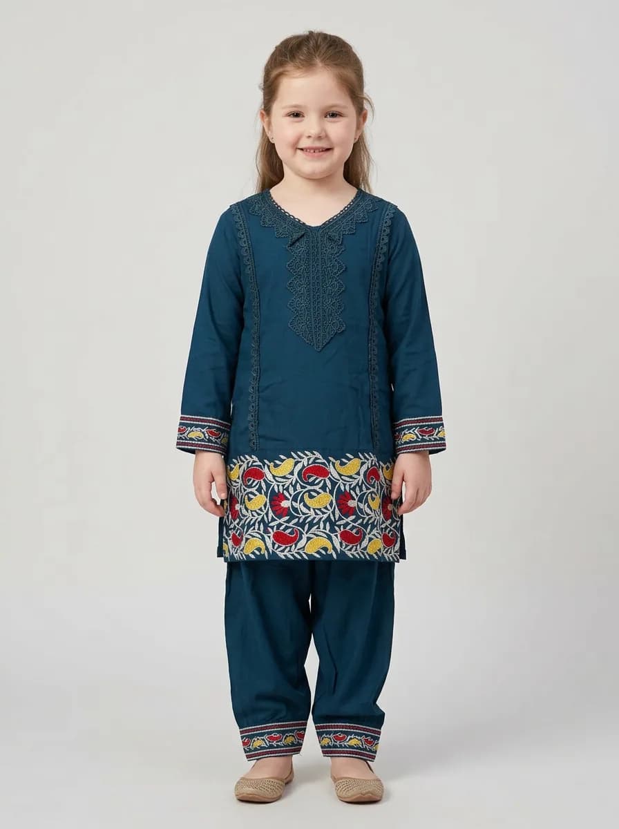 Girls Teal Blue Embroidered Kurti and Salwar Suit Set