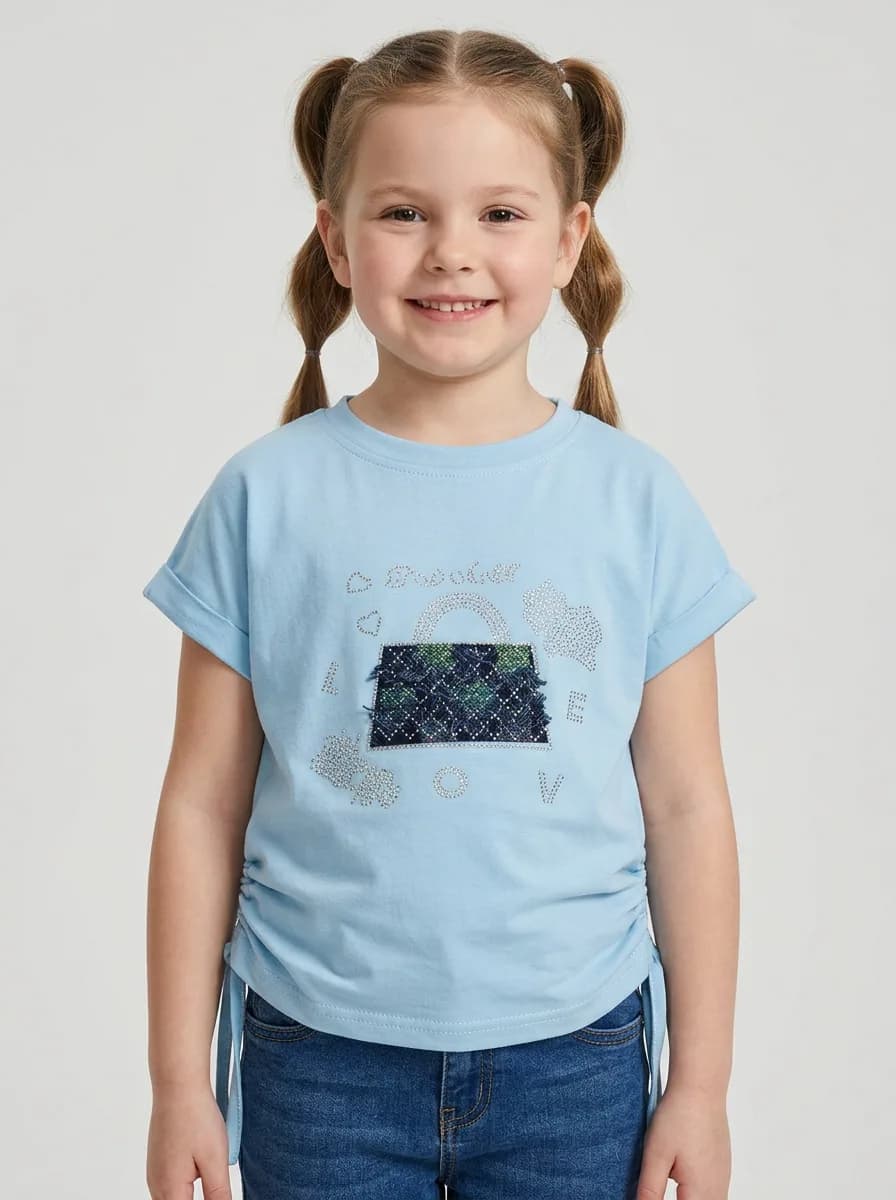 Girls Sky Blue Handbag Embellished Top with Ruched Sides