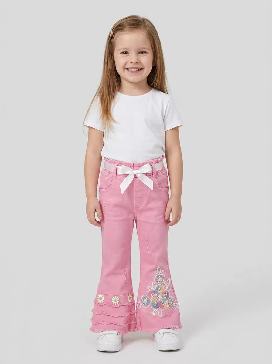 Girls Pink Flared Denim Jeans with Floral Embellishments and Ribbon Belt